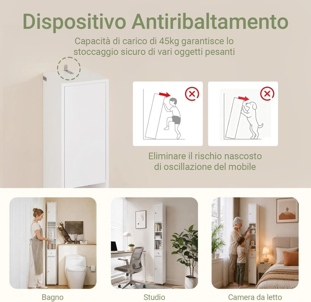 Mobile Bagno Alto e Stretto, Mobiletto Bagno Salvaspazio Mobiletto a Colonna da Terra con Ripiani Regolabili e Cassetto Armadietto per WC e Lavanderia 20×20×180 cm Bianco BZR34-II-W