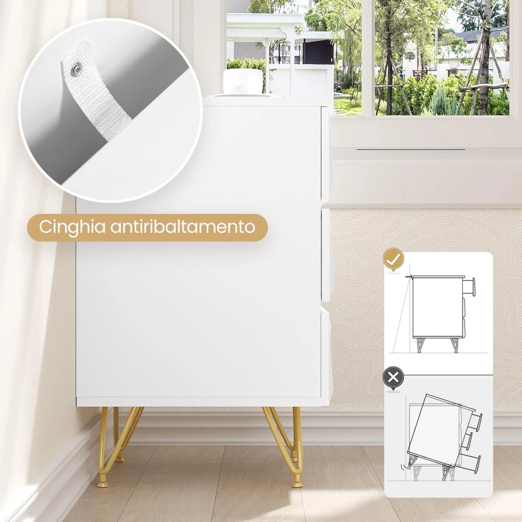Comodino con 3 Cassetti, Frontale in Rilievo, Tavolino Cassettiera Moderno, 40x40x62,5 cm, Mobile da Letto per Camera da Letto, Soggiorno, in Legno e Metallo, Bianco e Dorato, 0004CTG