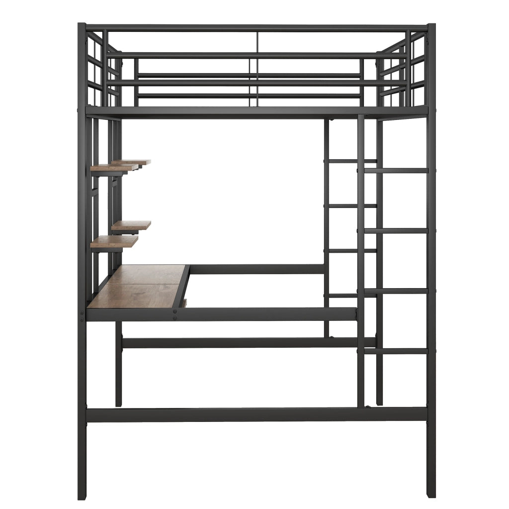 Letto a soppalco 140x200 cm nero in metallo con scrivania e 2 librerie