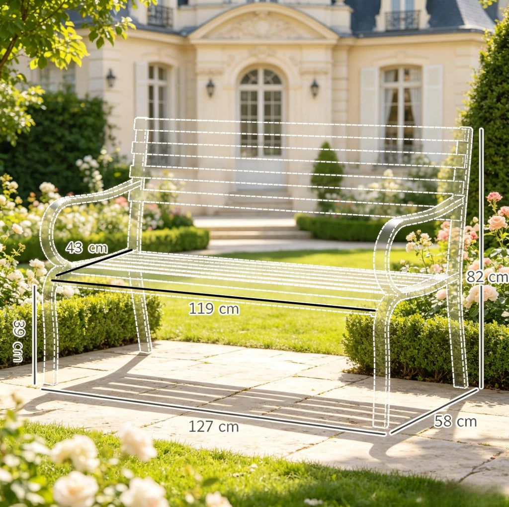 Panca da giardino in metallo nero 127x58x82 cm; 2 posti con braccioli
