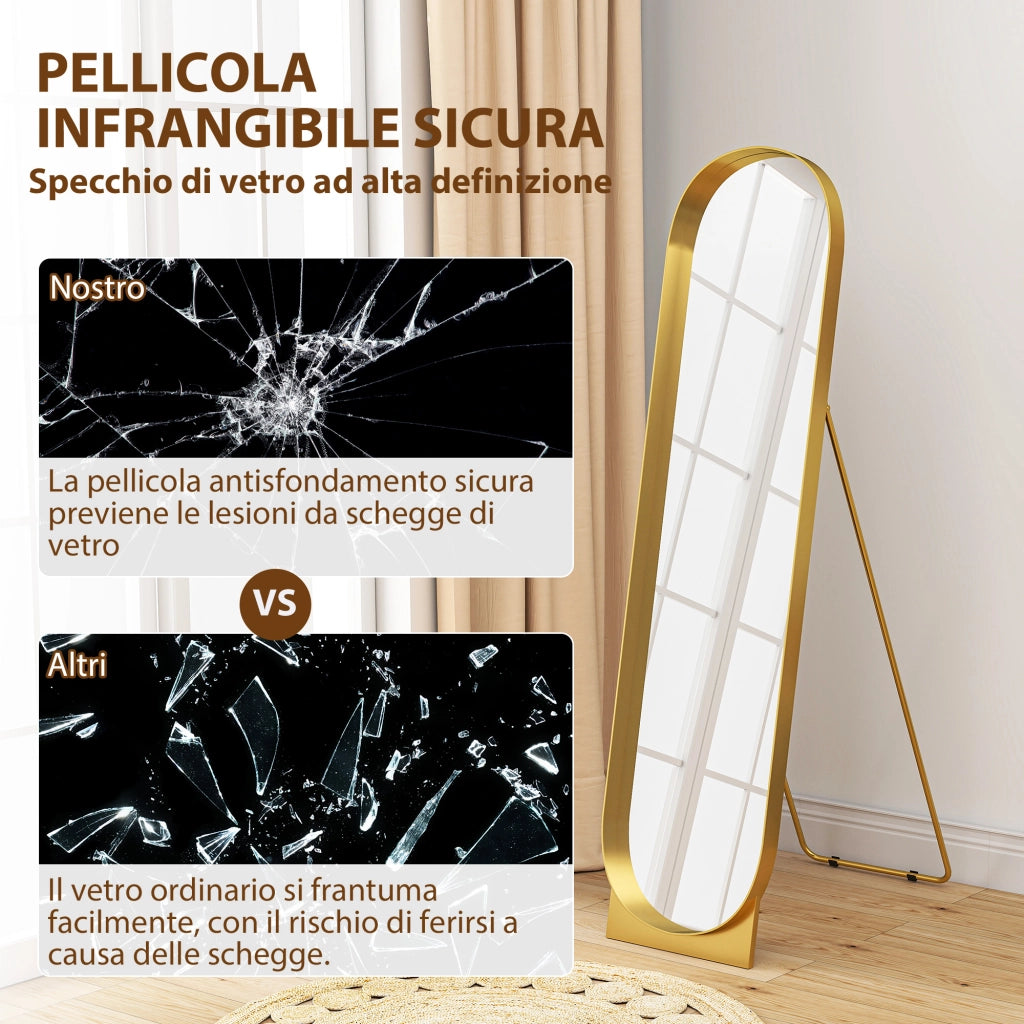 Specchio a Figura Intera Autoportante o da Parete 40x6x150 cm con Telaio in Metallo Oro