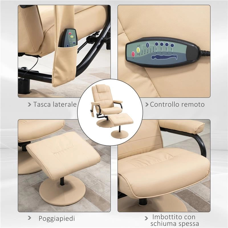 POLTRONA RELAX CON POUF POGGIAPIEDI RECLINABILE A 145° CON 10 PUNTI MASSAGGIO E TELECOMANDO IN FINTA PELLE CREMA