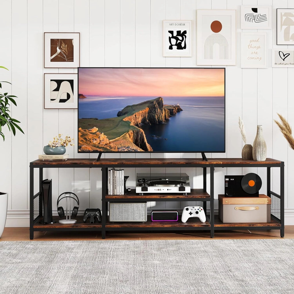 Mobile TV in stile industriale, Panca TV per TV 55/60/65 pollici, con ripiani aperti, cornice in metallo, tavolo TV per camera da letto, soggiorno, marrone rustico, 45 x 40 x 150 cm