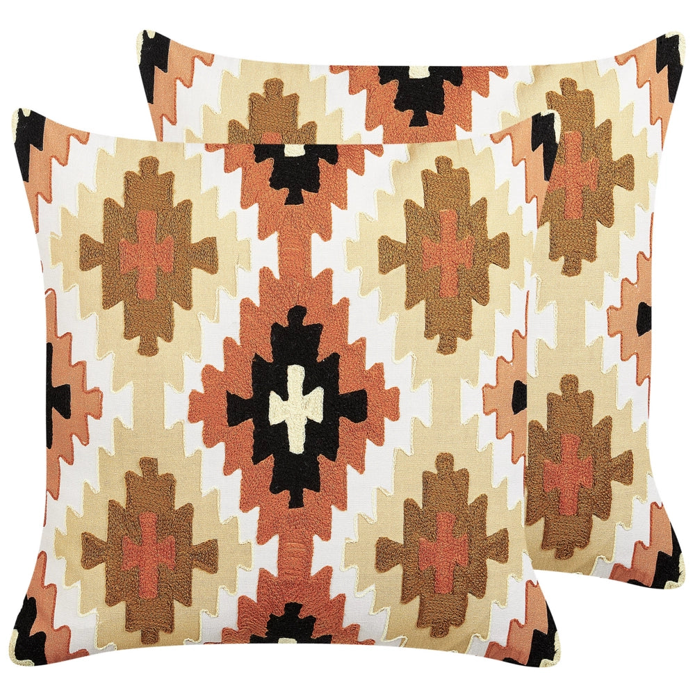 Set di 2 cuscini decorativi in cotone multicolore 50 x 50 cm motivo geometrico ricamato a mano sfoderabile con imbottitura in stile boho