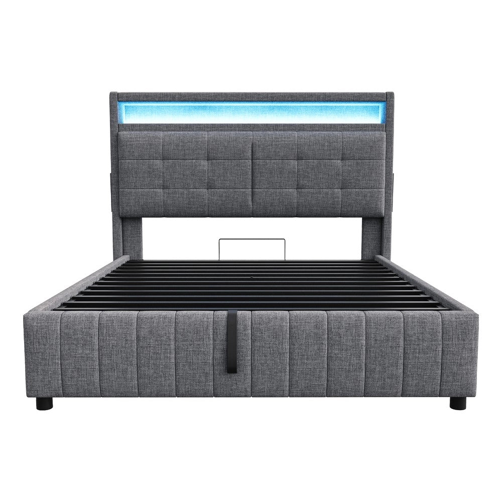 Letto Imbottito Contenitore 160x200 con LED ¨C MINIMAL ¨C Grigio, Tessuto Lino, Doghe, Idraulico
