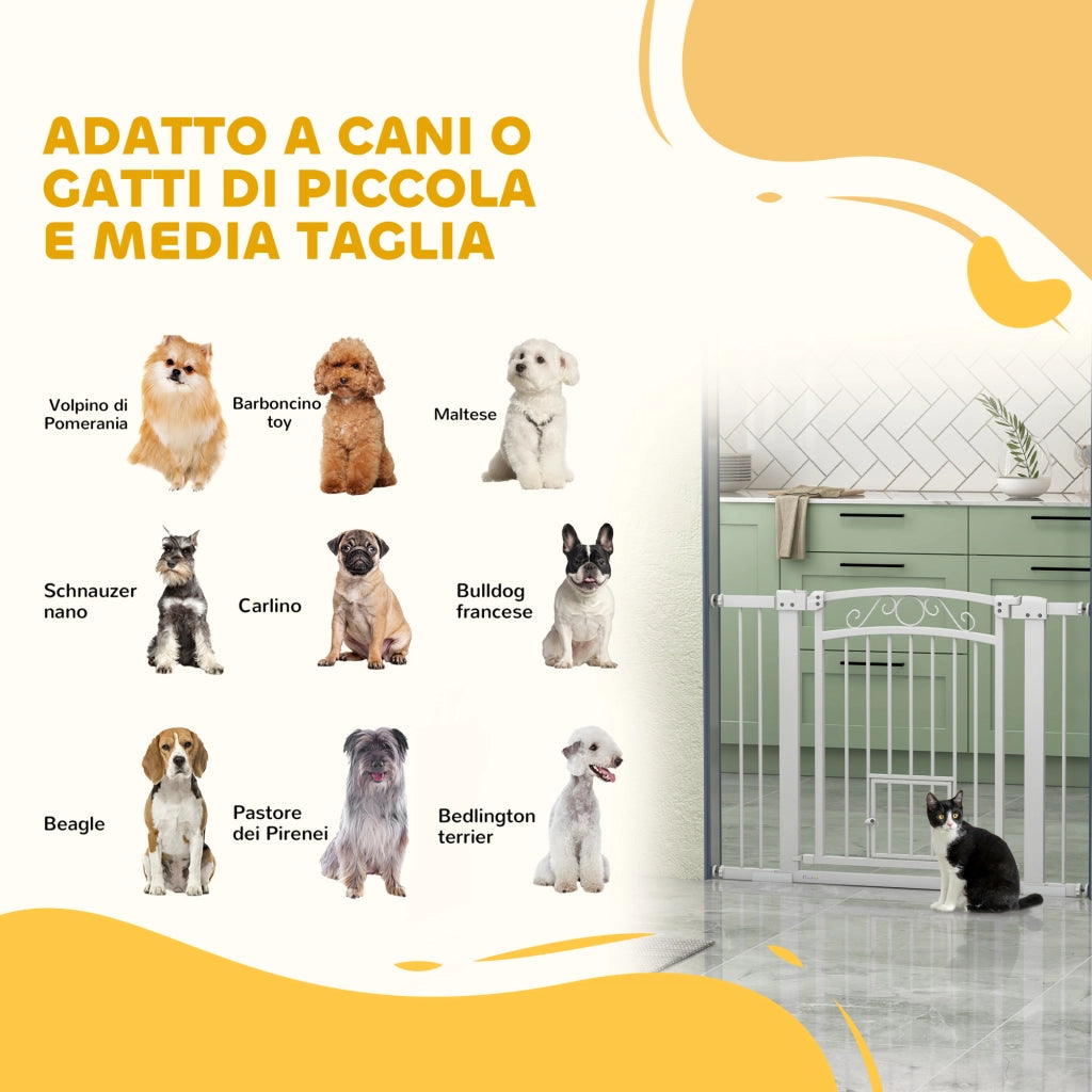 EasyComfort Cancellino per Cani Regolabile con Estensioni, Porta per Gatti e Apertura a Una Mano, 76-104x77cm, Bianco