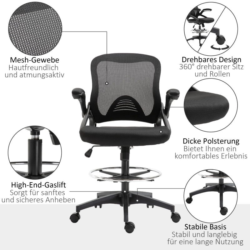 Sedia da ufficio con funzione in piedi, poggiapiedi regolabile, seduta girevole, plastica nera 64 × 60 × 106-126 cm