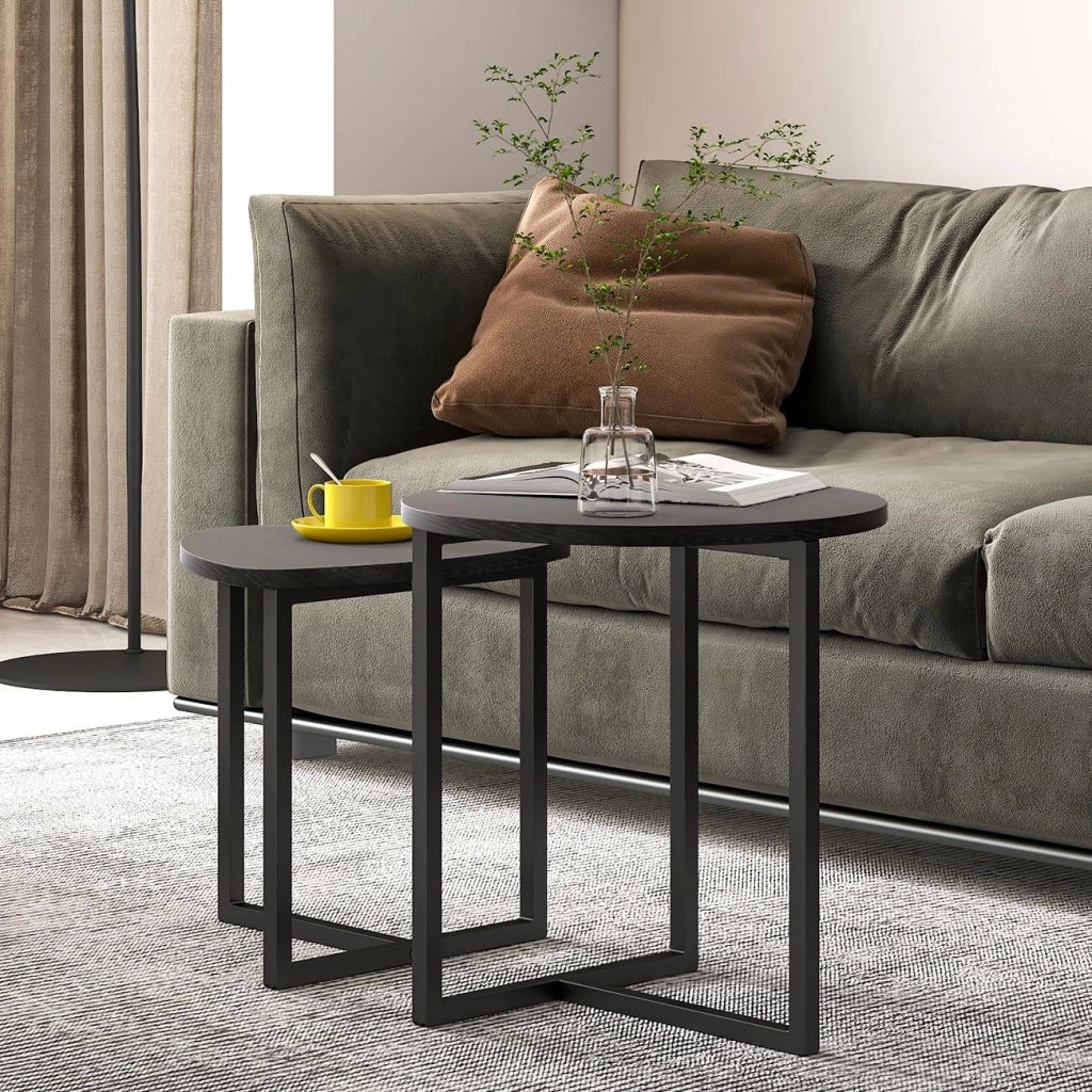 Tavolini bassi set 2 pezzi con piano a forma di cuore, stile industriale, per soggiorno, in metallo e legno nero