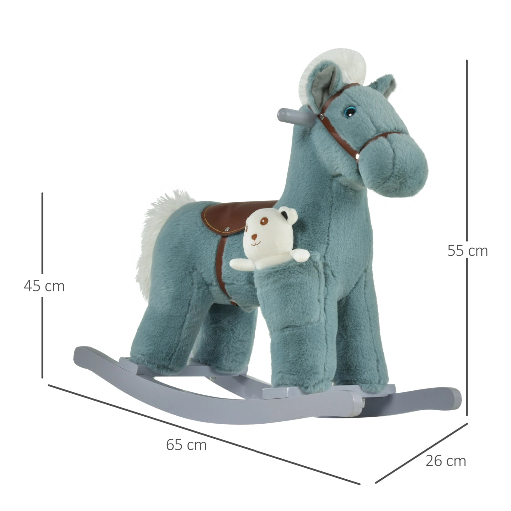 EasyComfort Cavallo a Dondolo per Bambini in Peluche e Legno con Suoni e Orsetto Incluso, per Bimbi da 18-36 Mesi, 65x26x55cm, Blu
