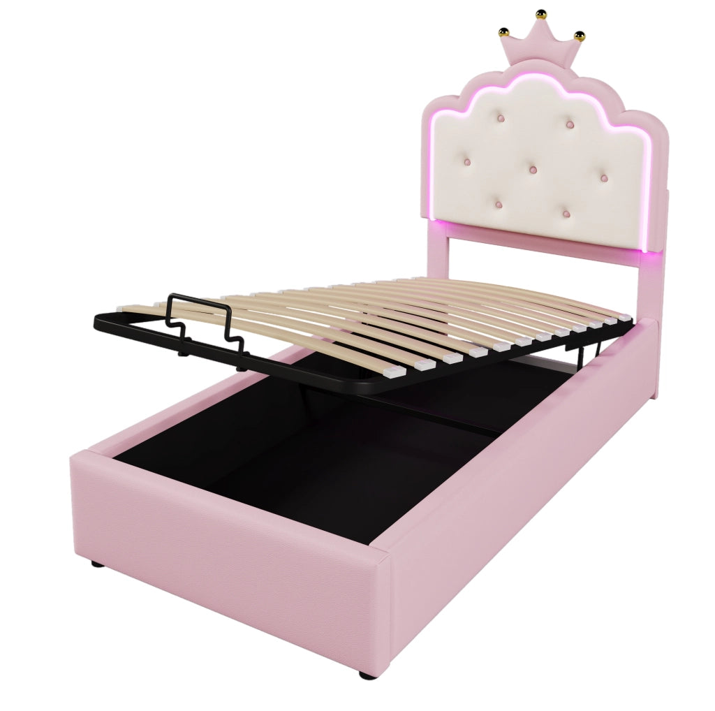 Letto imbottito 90x200 cm; luci LED ambientali e contenitore idraulico; PU; rosa (Senza materasso)