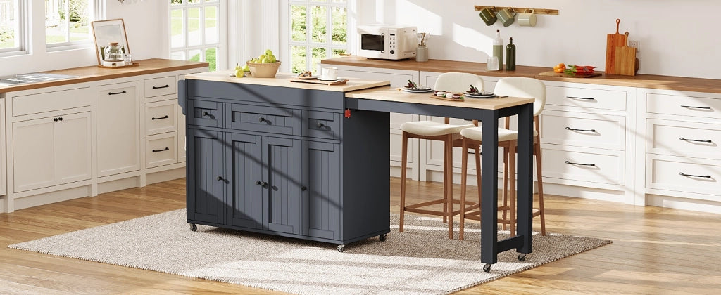 Carrello da cucina con piano estraibile, 3 cassetti, per cucina, grigio, 137-190,6 × 45,2 × 92 cm