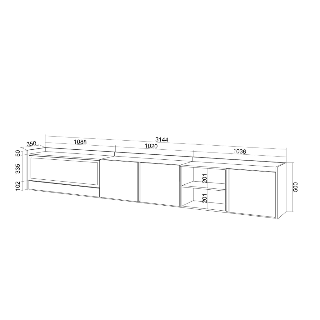 Mobile TV Soggiorno, 315x50x35 cm, Per TV fino a 80", Camino elettrico XXL, Sospeso, da appendere, Rovere e nero