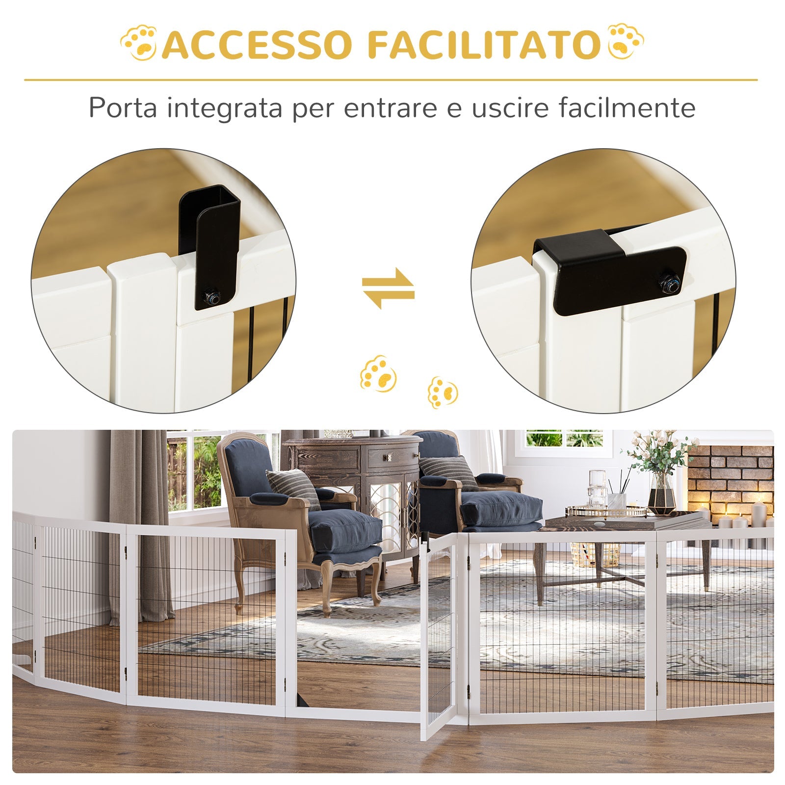 Cancelletto di Sicurezza per Cani di Piccola/Media Taglia 432x36x70 cm 6 Pannelli Pieghevoli in Legno e Acciaio Bianco