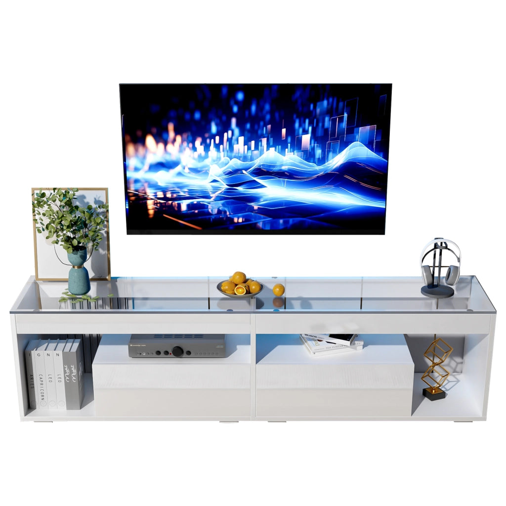 Mobile porta TV con LED, 2 cassetti e ripiani in vetro temperato, per soggiorno, in truciolare, bianco, 180 × 40 × 46 cm