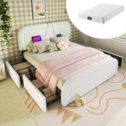 OKWISH Letto con Cassetti 140×200 cm, Letto Matrimoniale con 4 Cassetti, USB, Type-C, LED e Testiera Regolabile, con Materasso
