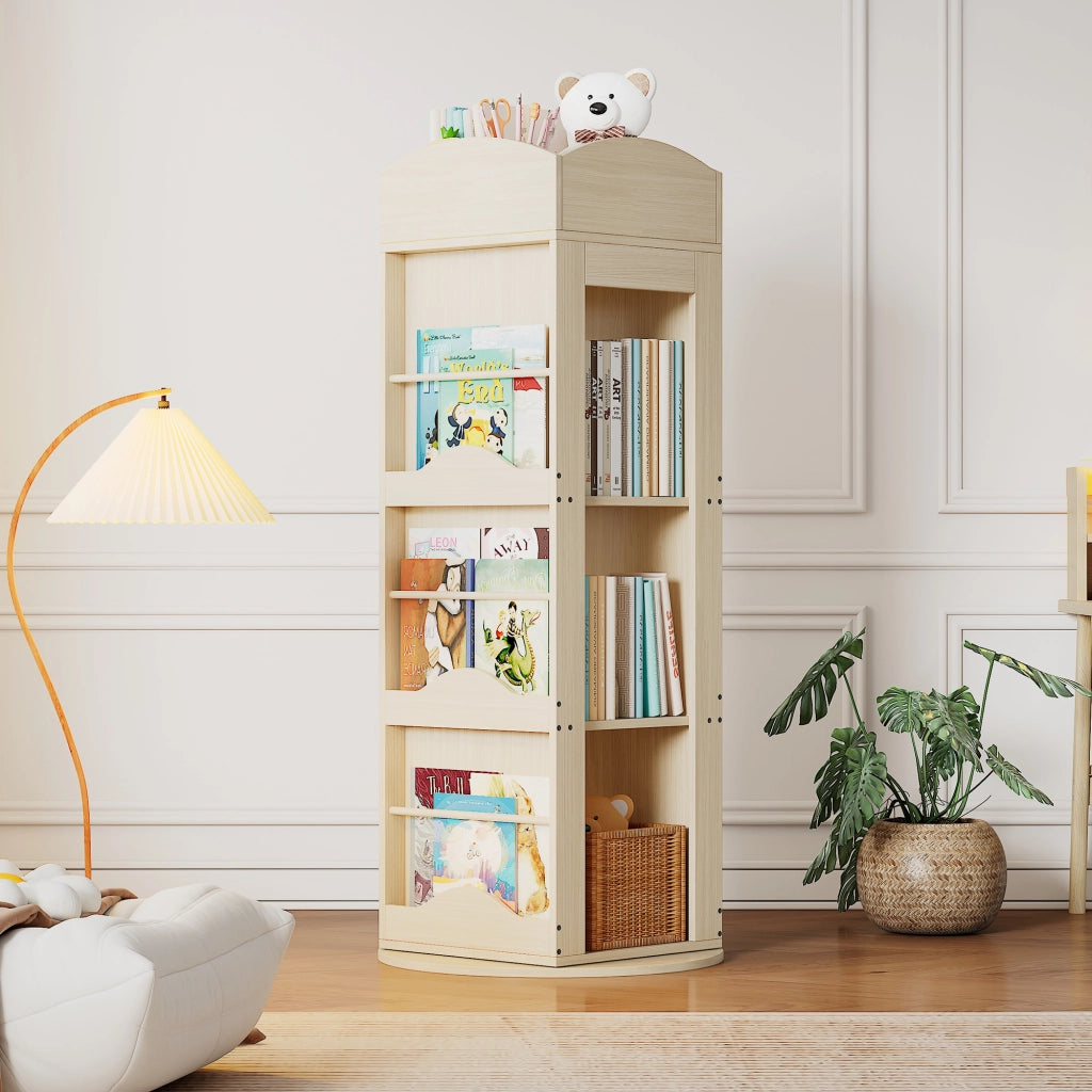 Libreria girevole 360° in MDF naturale, scaffale salvaspazio multifunzione per libri e giochi