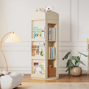 Libreria girevole 360° in MDF naturale, scaffale salvaspazio multifunzione per libri e giochi