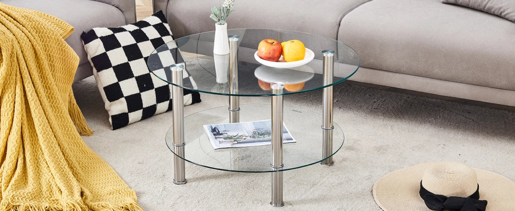 TAVOLINO DA SALOTTO a 2 livelli Ø70/60 cm Vetro Trasparente e Metallo Argento