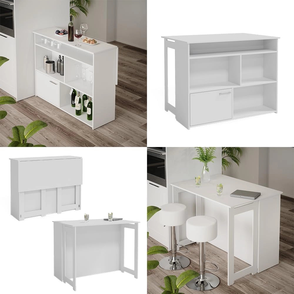Tavolo bar alto Dominic, Bianco, 116 x 37 cm 4x scomparti aperti e 1x porta, piano del tavolo pieghevole per un utilizzo flessibile in spazi ridotti