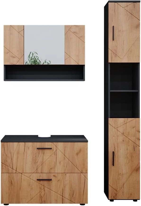 Set mobili bagno Irma, Quercia dorata/antracite, 80 cm, composto da mobile sottolavabo, specchiera e colonna alta
