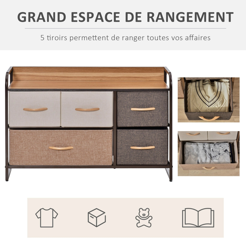 Cassettiera con 5 Cassetti in Tessuto ¨C Zephmum ¨C 87.5x29x58 cm Marrone e Beige