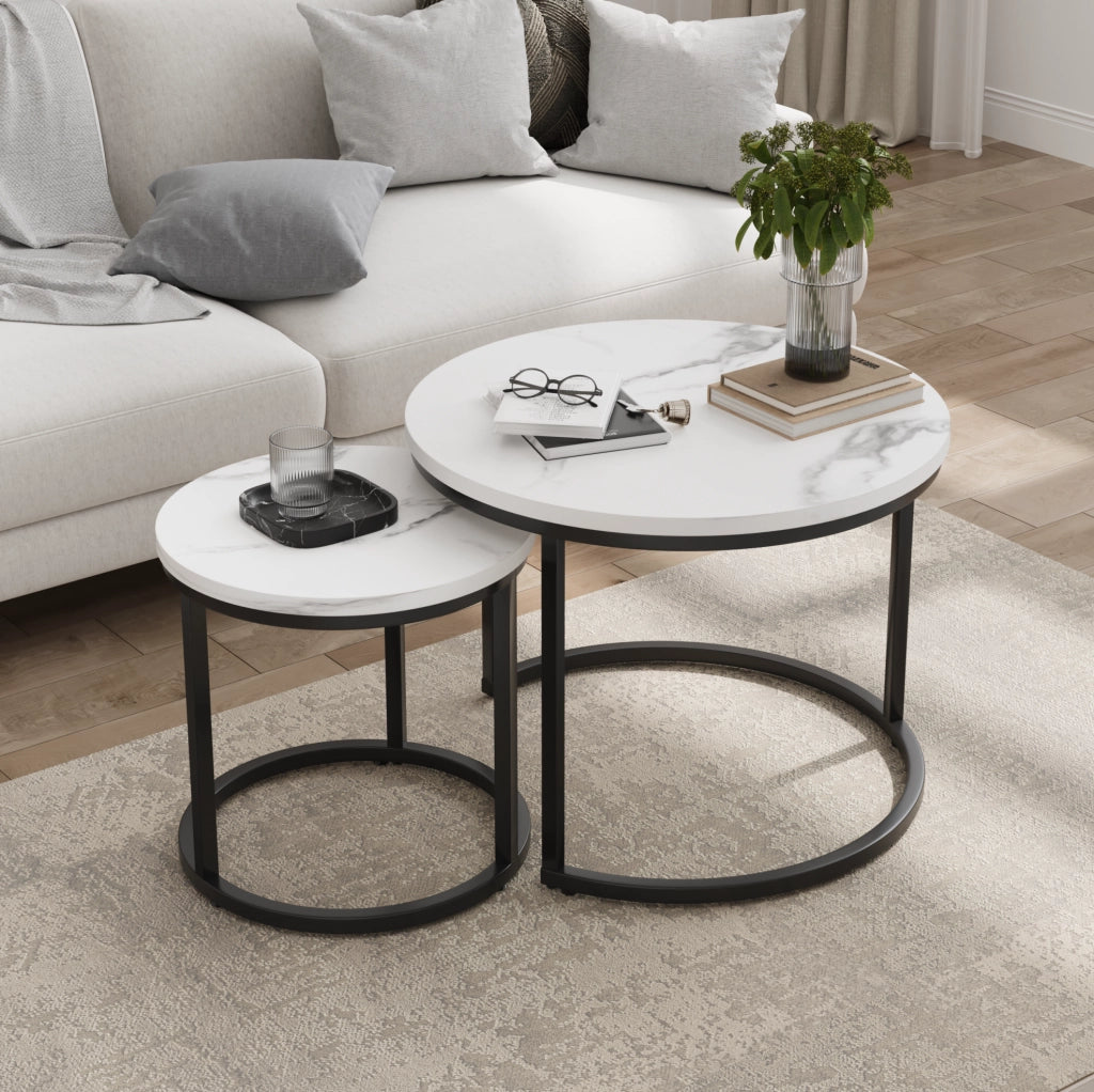 Set di 2 tavolini da caffè rotondi bianchi a incastro 60 cm