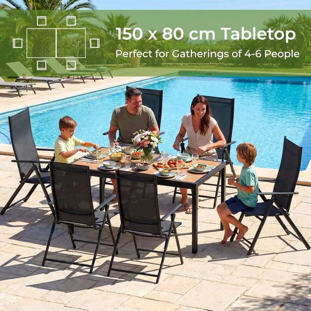 Tavolo da Giardino Grande 150×80×72cm DPC, Tavolo da Balcone Rettangolare, Tavolo da Pranzo per Esterno con Struttura in Metallo e Piedini Antiscivolo, per 4-6 Persone, Nero