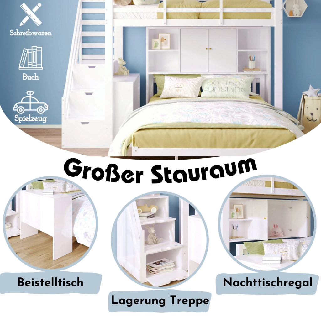 Letto a castello con contenitore 90x200 cm + 140x200 cm; in legno massiccio e MDF; bianco