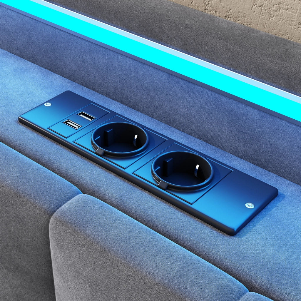 Letto imbottito 140x200 cm in velluto con contenitore, LED e porta USB