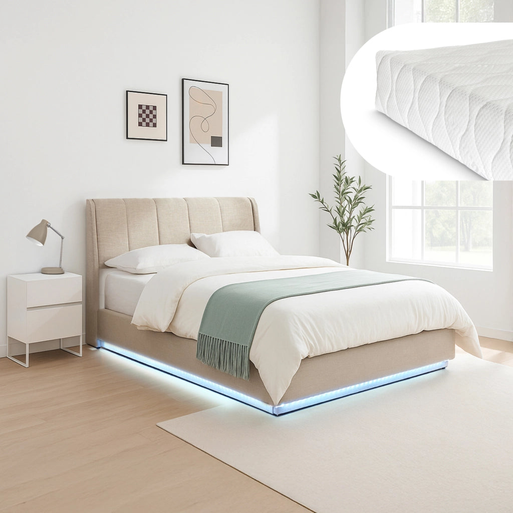 Letto Contenitore Tröstiar con Luce LED Letto Francese con Materasso 140x200 cm Beige [en.casa]