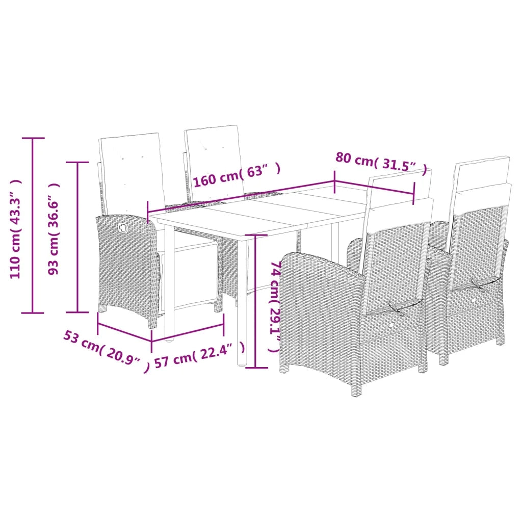 Set da Pranzo da Giardino 5 pz con Cuscini Beige in Polyrattan