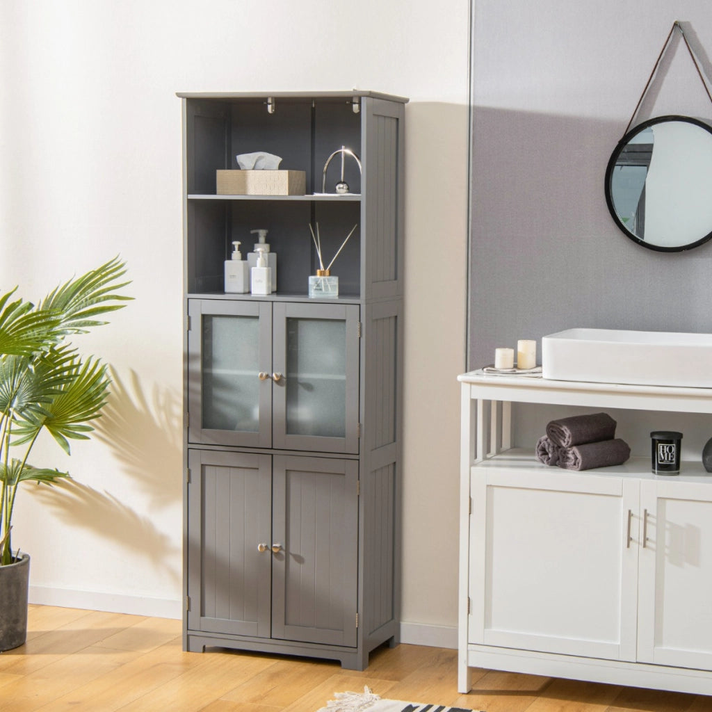 Armadio 163cm con 2 armadietti scomparti aperti ripiani regolabili ante in vetro-Buffet Organizzatore da pavimento Grigio