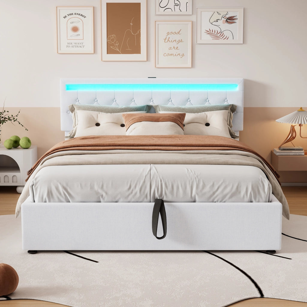 Letto imbottito 160 × 200 cm con contenitore, led, usb e usb-c, senza materasso, bianco