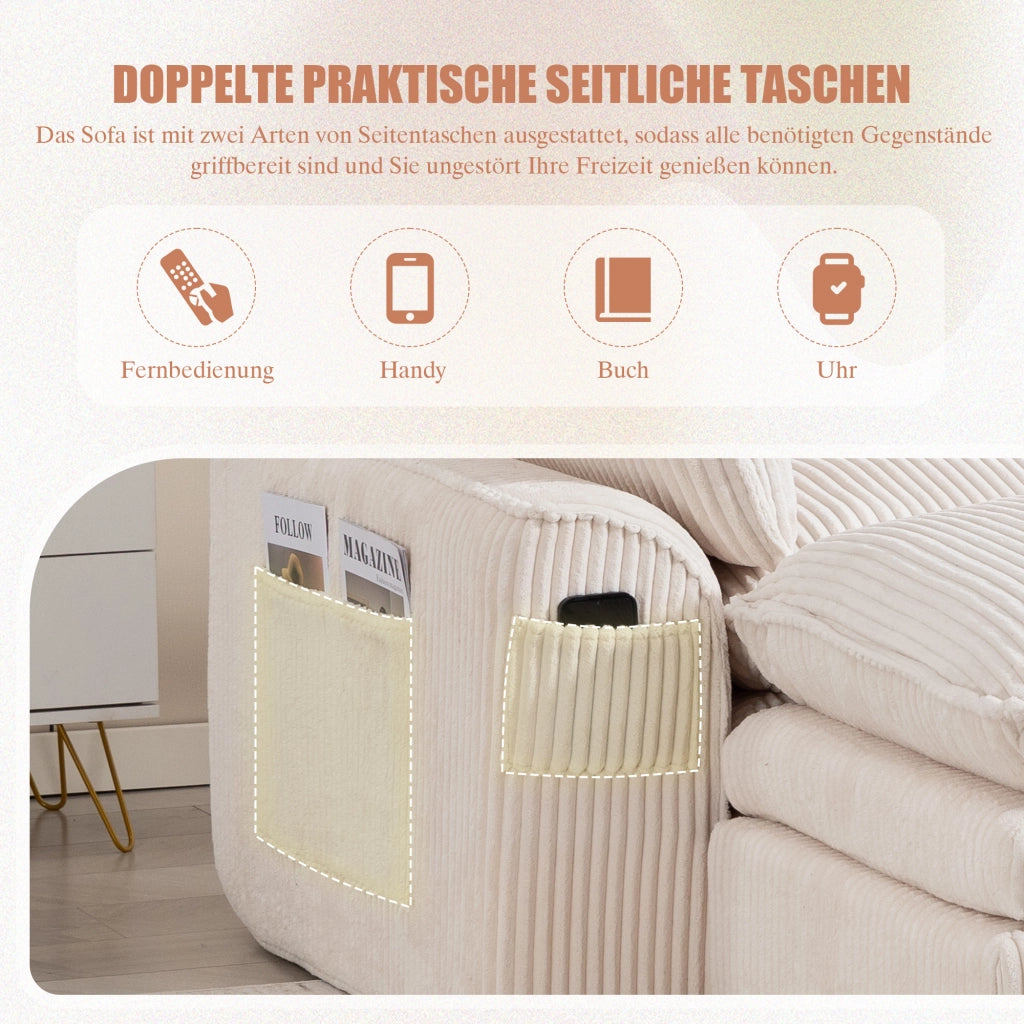 DIVANO Modulare 3 posti con pouf, cuscini e tasche laterali, 263x167x85 cm, Corduroy Beige