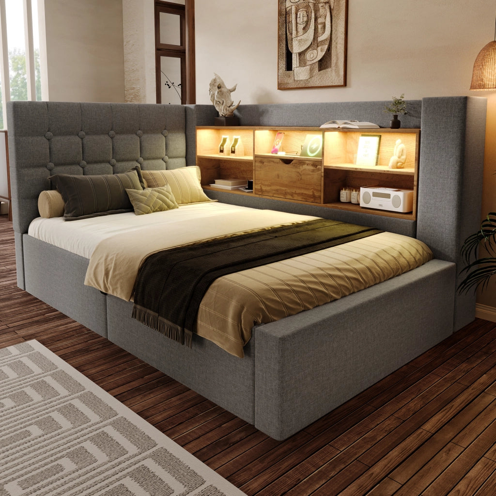 Letto singolo 90x200 cm con LED, USB-C e contenitore grigio