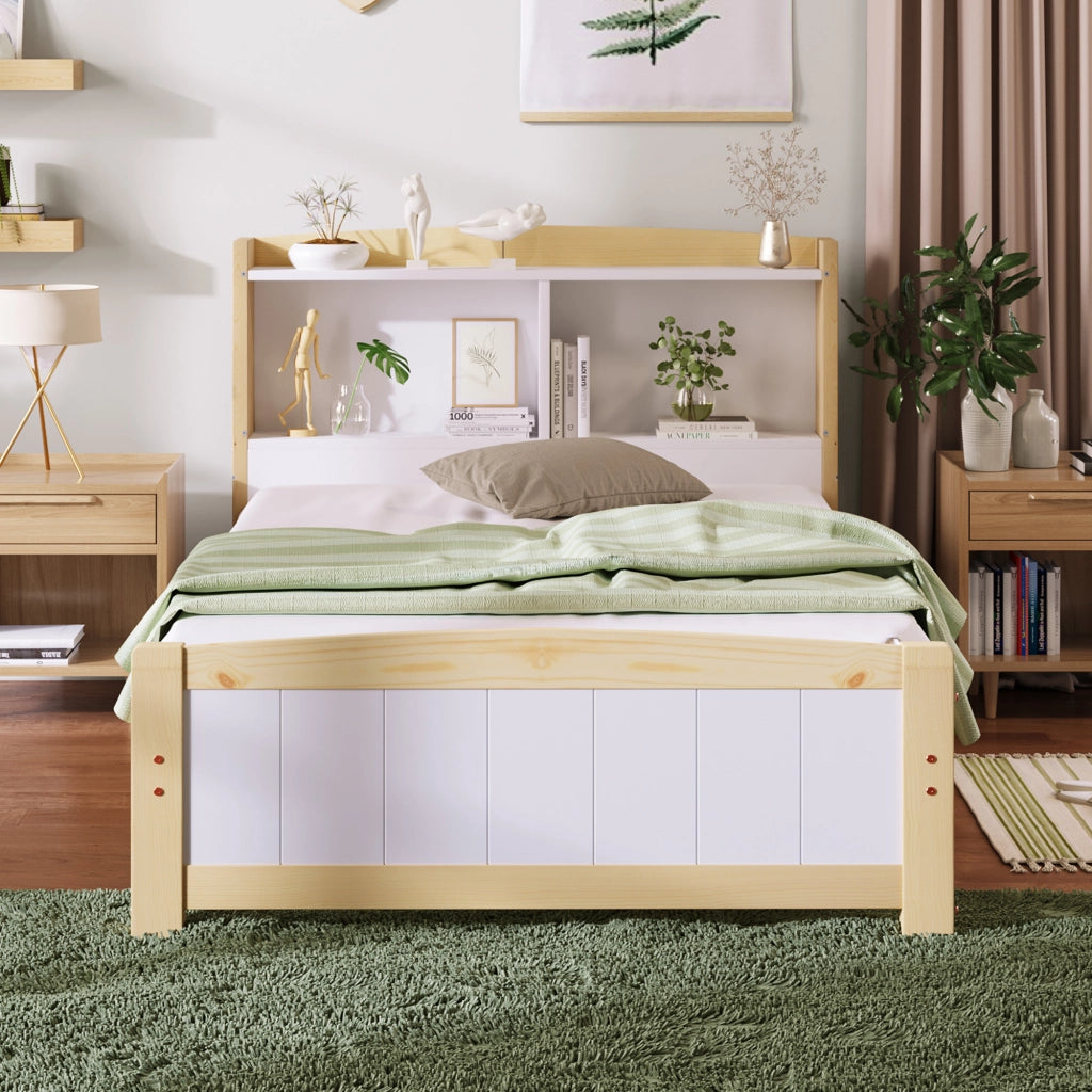 Letto singolo 90 × 200 cm con testiera contenitore, materasso incluso, in legno massello bianco