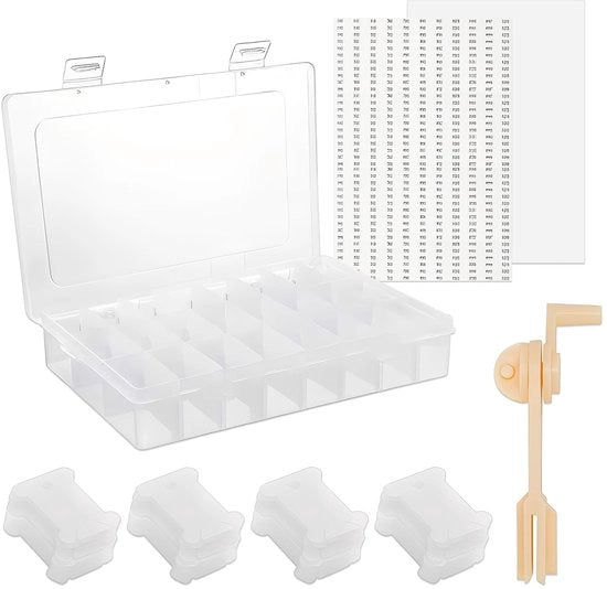 Cassetto di archiviazione per tessuti da cucito - 24 contenitori - Incluso aspiratore di filo - Materiale trasparente in plastica - Etichette numerate - Sostenibile e pratico