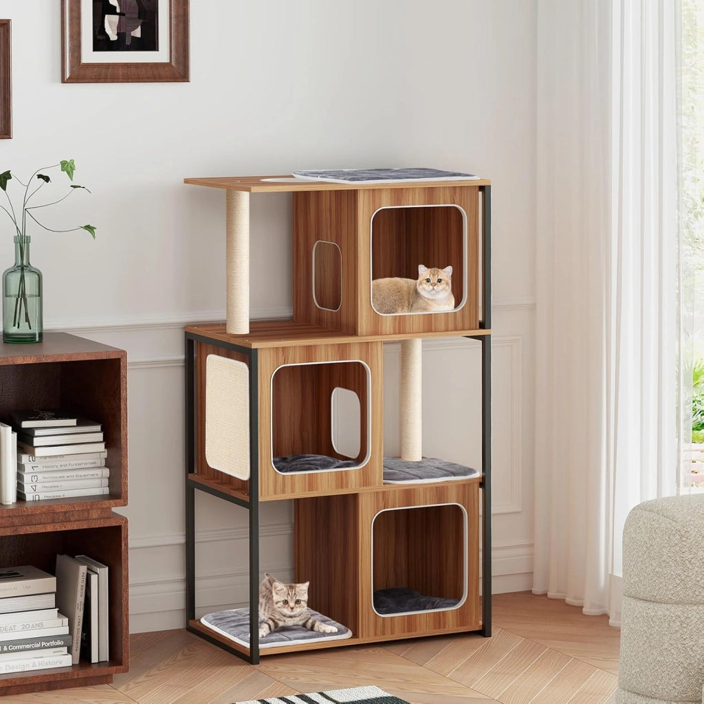 Tiragraffi per Gatti con Struttura in Metallo 75 x 45 x 133cm, Torre Moderno da Interno con Piattaforma Superiore Imbottita, Cuscini Rimovibili e Tiragraffi, Mobile per Animali Domestici