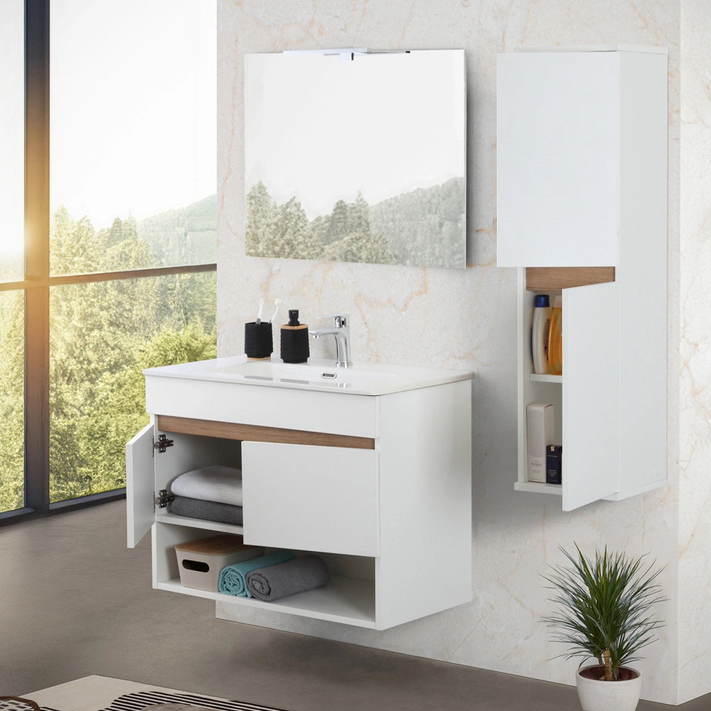 Mobile bagno sospeso 80 cm bianco e rovere con ante e vano a giorno Kleo