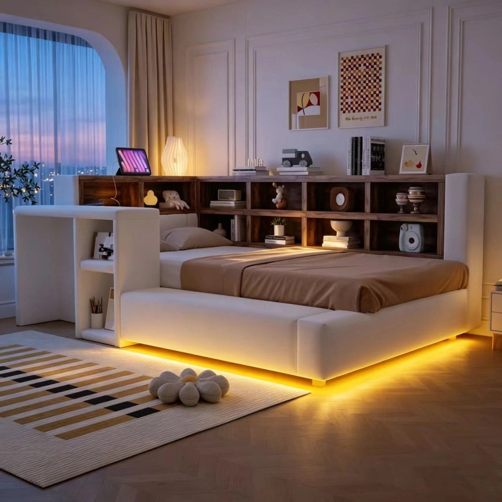 Letto imbottito 90 x 200 cm con contenitore, USB/LED e tavolino laterale, beige