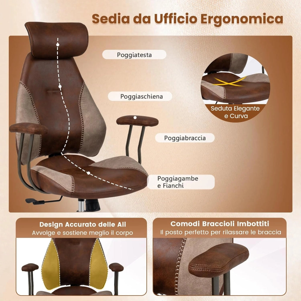 Sedia da Ufficio Ergonomica, Sedia da Scrivania in Tessuto di Lino con Poggiatesta 2D, Schienale Oscillante e Ruote, Poltrona da Lavoro Regolabile Girevole, Portata 150 kg (Marrone)