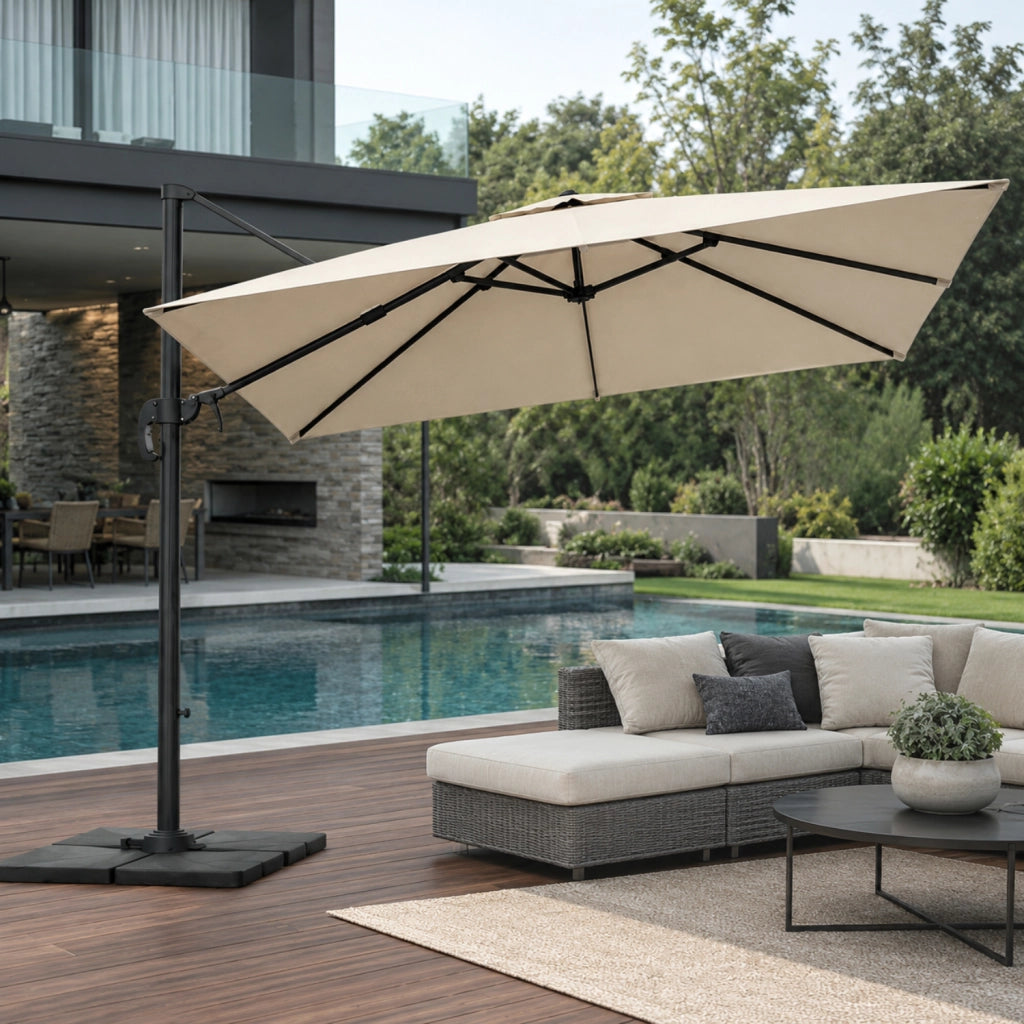 Ombrellone Professionale Per Giardino Terrazza Piscina Gazebo Dehors Bar Hotel Con Braccio Pieghevole Rotazione Completa 360° Tela Impermeabile Protezione Solare UV Acciaio Inossidabile 3x3 M Beige