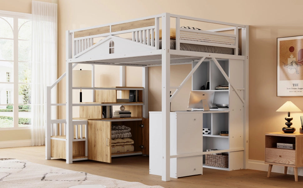 Letto a castello in metallo e legno bianco con funzione contenitore 140x200 cm