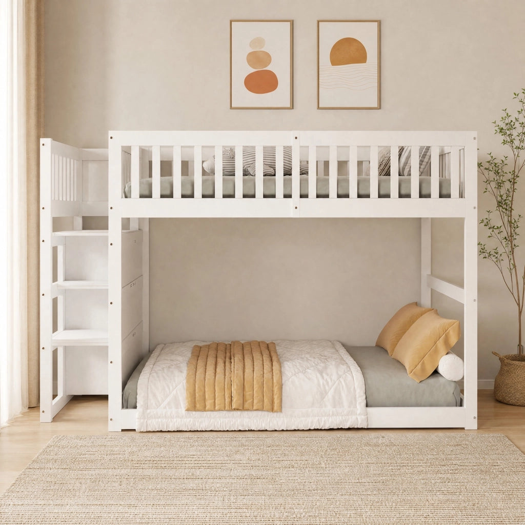 LETTO A CASTELLO BASSO 140x200 cm in legno bianco con 4 cassetti
