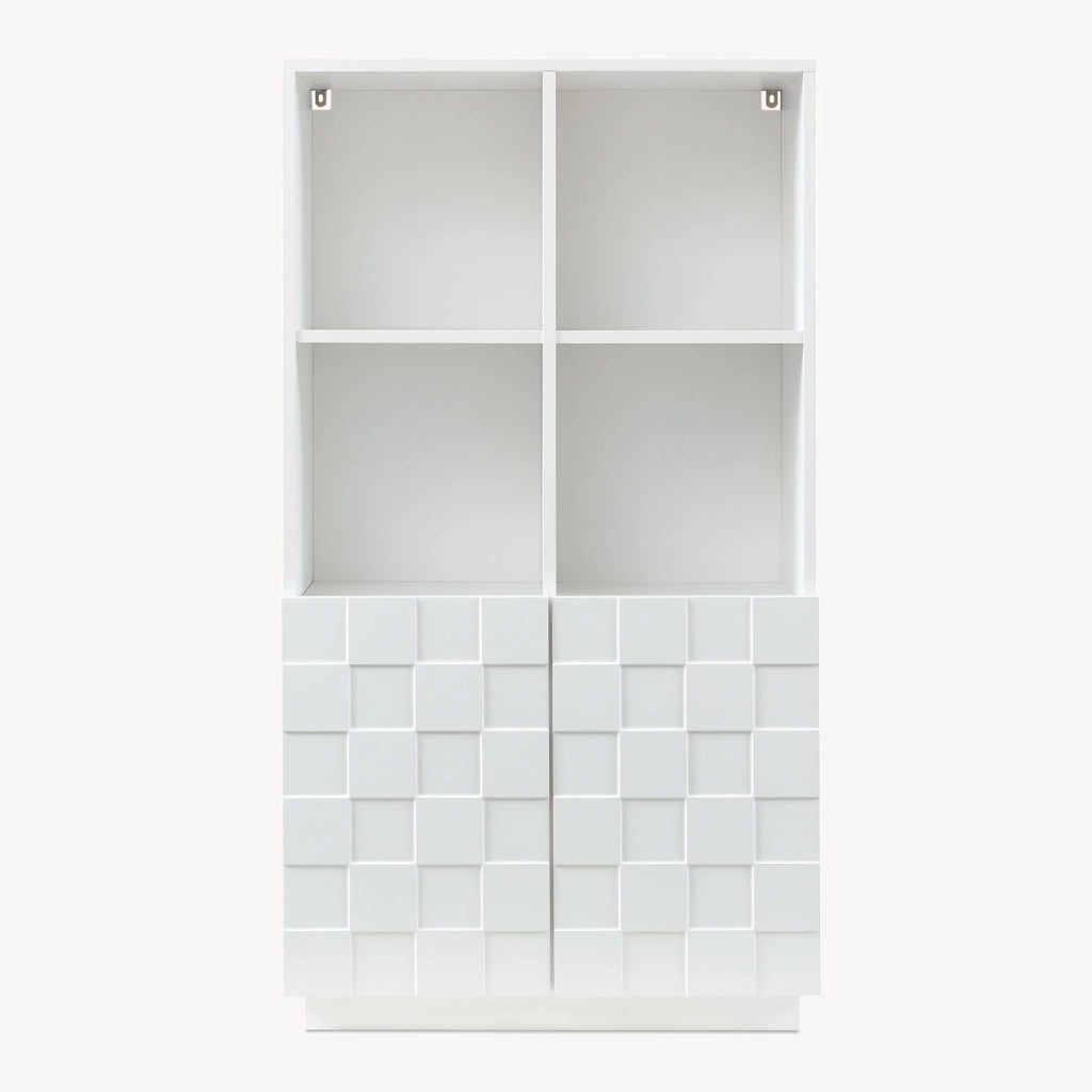 Armadio Comò Alto Bopibobro a 2 Ante Credenza con 4 Ripiani Aperti e 4 Vani Chiusi 118 x 64 x 30 cm - Bianco [en.casa]