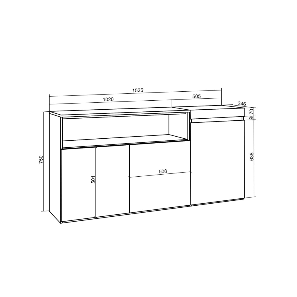 Credenza, Mobile, 150x35x75cm, 3 Porte, grande stoccaggio, colore Rovere e nero RF2516
