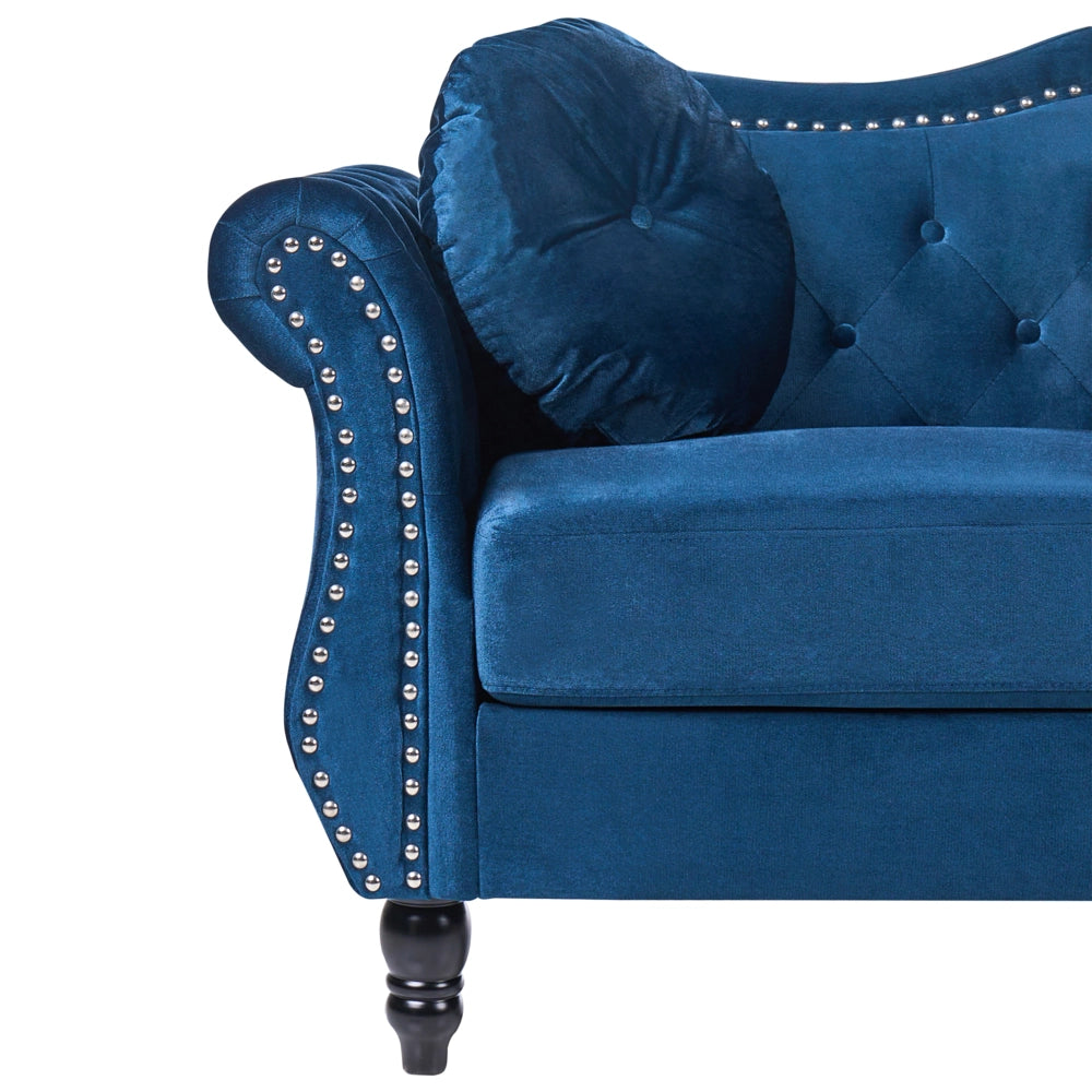 Set da soggiorno Velluto blu 2 posti 3 posti Bottoni con rifiniture a punta trapuntata Cuscini Braccia arrotolate Glam