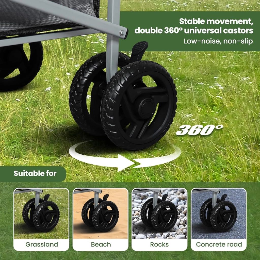 Carrello con Ruote, Carrello Pieghevole con 4 Ruote Doppie, per Spiaggia, Giardino, Campeggio, Viaggio, Oxford+Metallo, Grigio Scuro