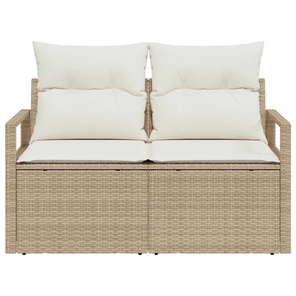 Divano da giardino 2 posti con spazio di archiviazione e cuscini in polirattan beige