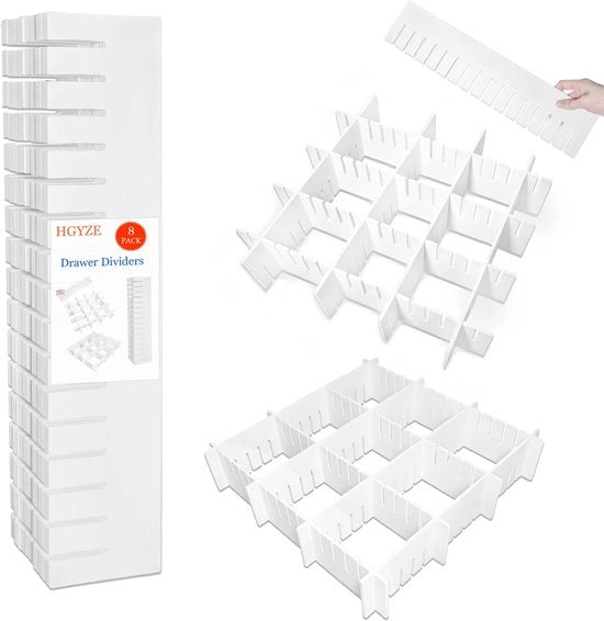 Sistema di organizzatori per cassetto, set di 8 divisori in plastica per cassetto, 42 cm di lunghezza, 9 cm di altezza, adattabile